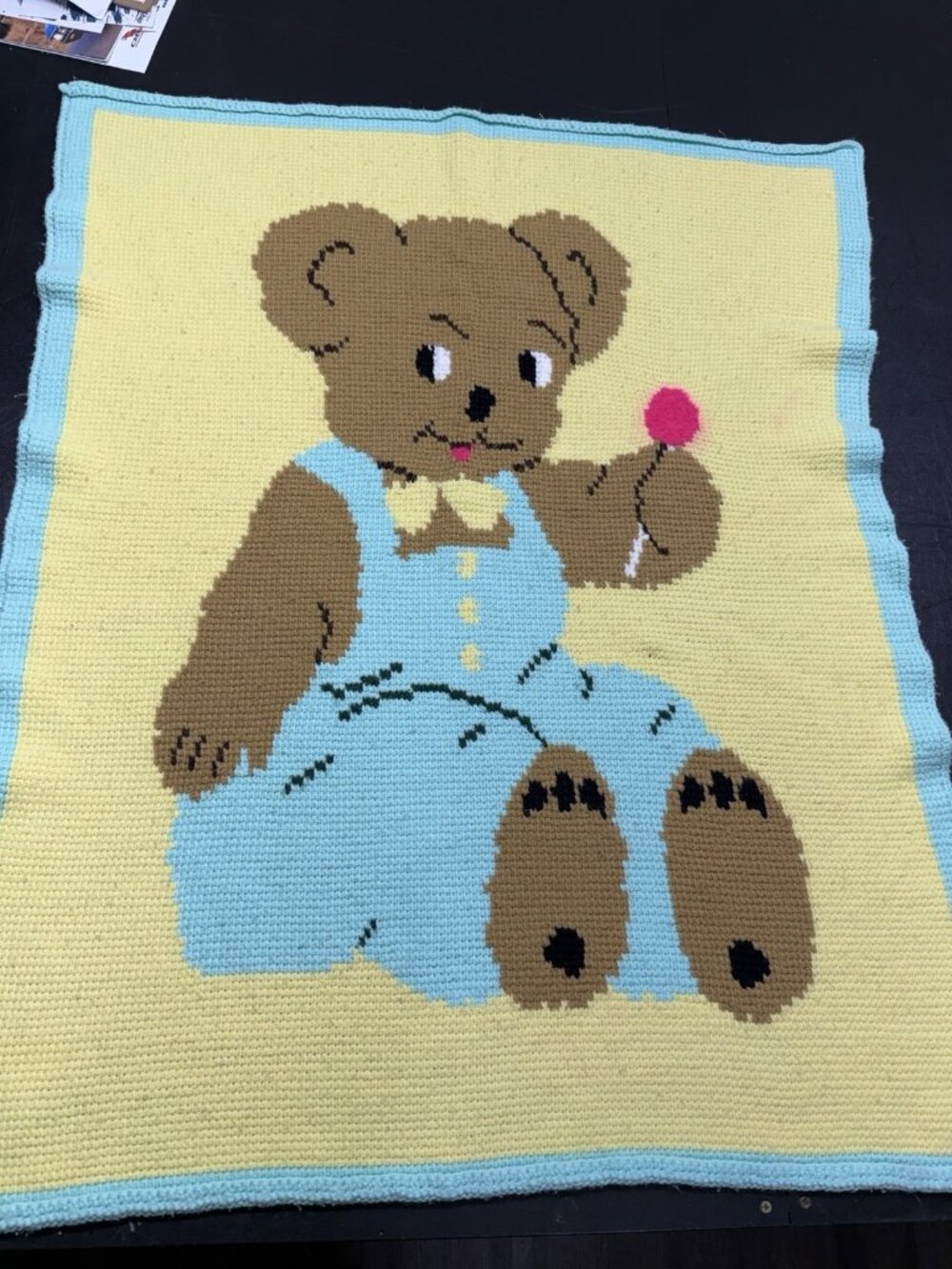 Handmade Crochet Baby Bear Lollypop Afghan Blanket  Blue Yellow 34" X 43"